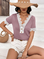 Lace Detail V-Neck Short Sleeve T-Shirt - Cute Little Wish