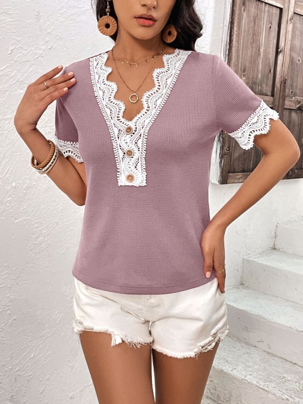 Lace Detail V-Neck Short Sleeve T-Shirt - Cute Little Wish