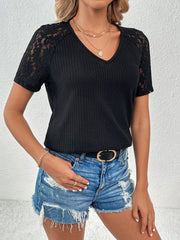 Lace Detail V-Neck Short Sleeve T-Shirt - Cute Little Wish