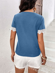 Lace Detail V-Neck Short Sleeve T-Shirt - Cute Little Wish