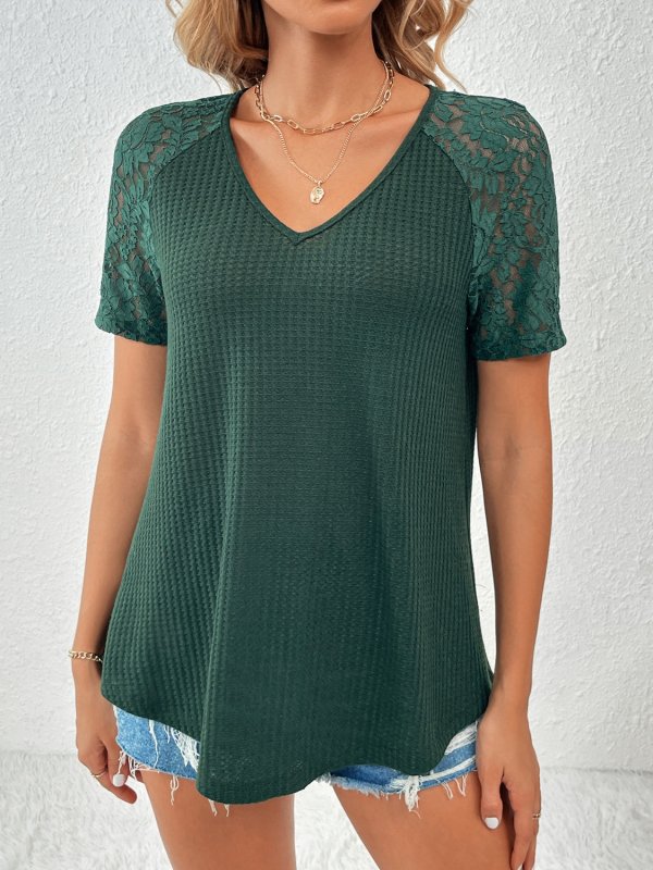 Lace Detail V-Neck Short Sleeve T-Shirt - Cute Little Wish