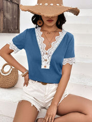 Lace Detail V-Neck Short Sleeve T-Shirt - Cute Little Wish