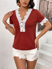 Lace Detail V-Neck Short Sleeve T-Shirt - Cute Little Wish