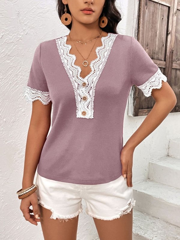 Lace Detail V-Neck Short Sleeve T-Shirt - Cute Little Wish