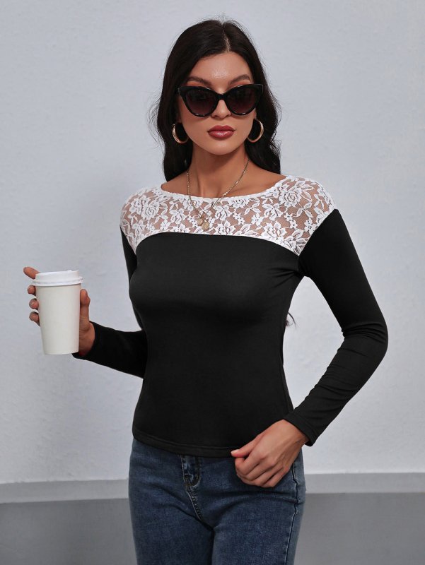 Lace Trim Long Sleeve Round Neck Tee - Cute Little Wish