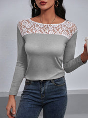 Lace Trim Long Sleeve Round Neck Tee - Cute Little Wish