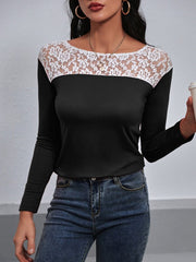 Lace Trim Long Sleeve Round Neck Tee - Cute Little Wish