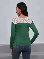 Lace Trim Long Sleeve Round Neck Tee - Cute Little Wish