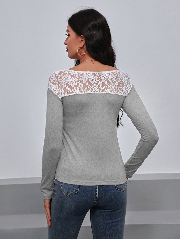 Lace Trim Long Sleeve Round Neck Tee - Cute Little Wish