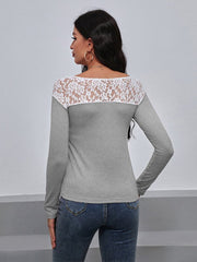 Lace Trim Long Sleeve Round Neck Tee - Cute Little Wish