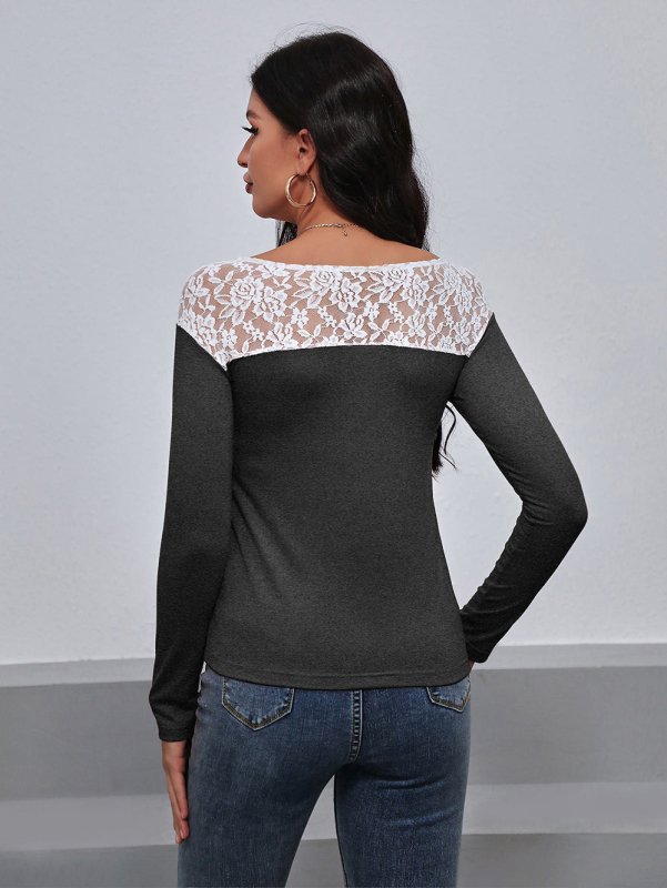 Lace Trim Long Sleeve Round Neck Tee - Cute Little Wish