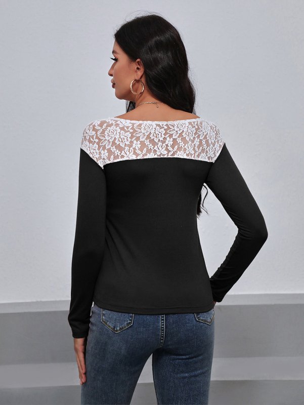 Lace Trim Long Sleeve Round Neck Tee - Cute Little Wish