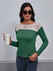 Lace Trim Long Sleeve Round Neck Tee - Cute Little Wish