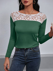 Lace Trim Long Sleeve Round Neck Tee - Cute Little Wish