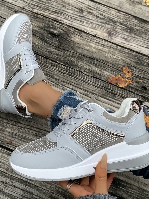 Lace - Up Rhinestone Wedge Sneakers