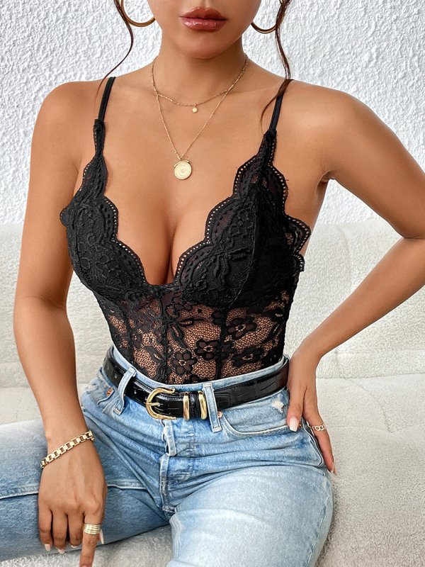 Lace V-Neck Spaghetti Strap Bodysuit - Cute Little Wish