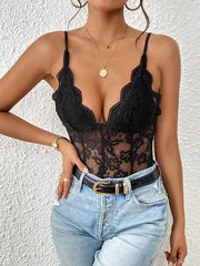 Lace V-Neck Spaghetti Strap Bodysuit - Cute Little Wish