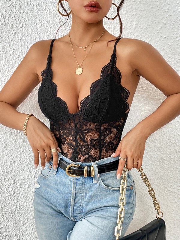 Lace V-Neck Spaghetti Strap Bodysuit - Cute Little Wish