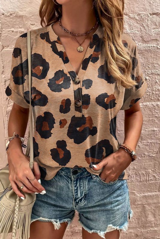 Leopard Half Button Short Sleeve T-Shirt - Cute Little Wish