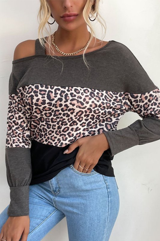 Leopard Print Color Block Cold Shoulder Top - Cute Little Wish