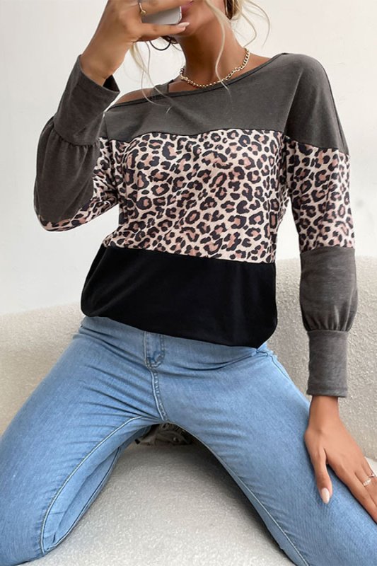 Leopard Print Color Block Cold Shoulder Top - Cute Little Wish