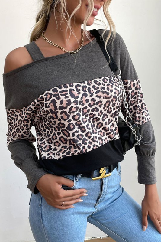 Leopard Print Color Block Cold Shoulder Top - Cute Little Wish