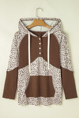 Leopard Ribbed Patchwork Drawstring Hoodie