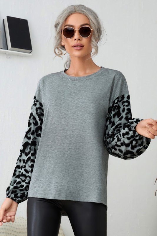 Leopard Round Neck Dropped Shoulder T-Shirt - Cute Little Wish