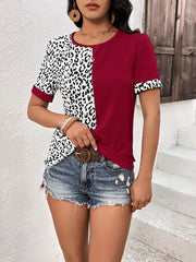 Leopard Round Neck Short Sleeve Tee - Cute Little Wish