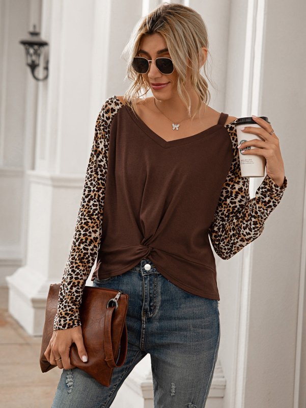 Leopard Twist Front Cold-Shoulder Tee - Cute Little Wish