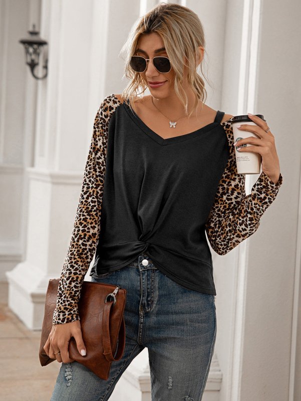 Leopard Twist Front Cold-Shoulder Tee - Cute Little Wish