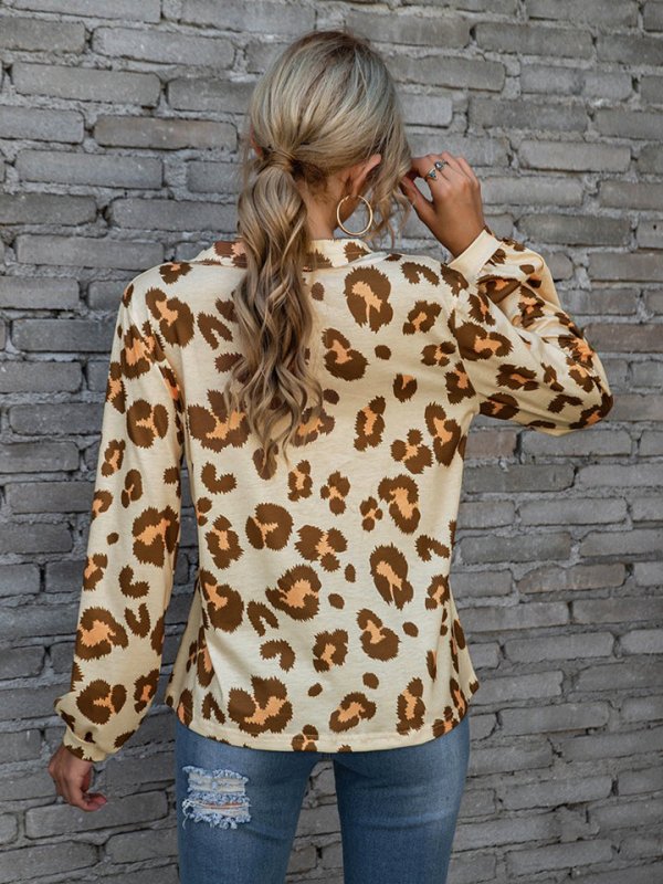 Leopard V-Neck Decorative Button Long Sleeve Blouse - Cute Little Wish