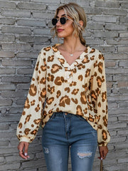 Leopard V-Neck Decorative Button Long Sleeve Blouse - Cute Little Wish