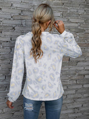 Leopard V-Neck Decorative Button Long Sleeve Blouse - Cute Little Wish