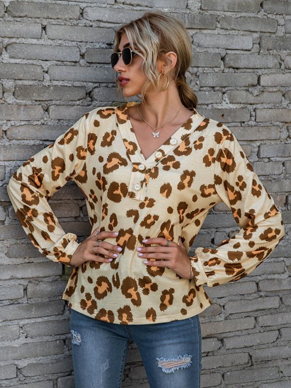 Leopard V-Neck Decorative Button Long Sleeve Blouse - Cute Little Wish