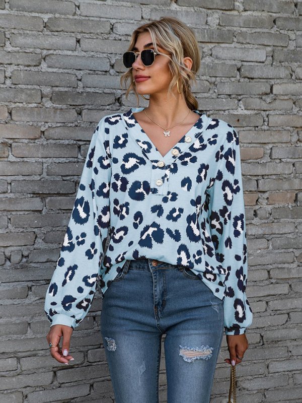 Leopard V-Neck Decorative Button Long Sleeve Blouse - Cute Little Wish