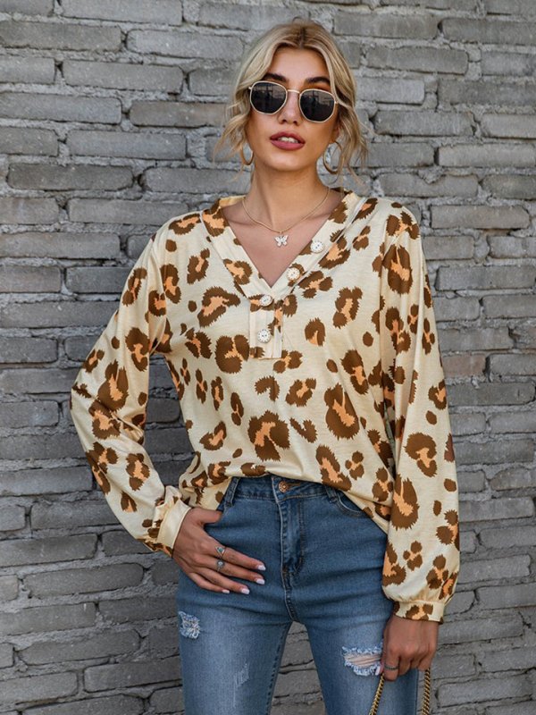 Leopard V-Neck Decorative Button Long Sleeve Blouse - Cute Little Wish