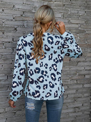 Leopard V-Neck Decorative Button Long Sleeve Blouse - Cute Little Wish