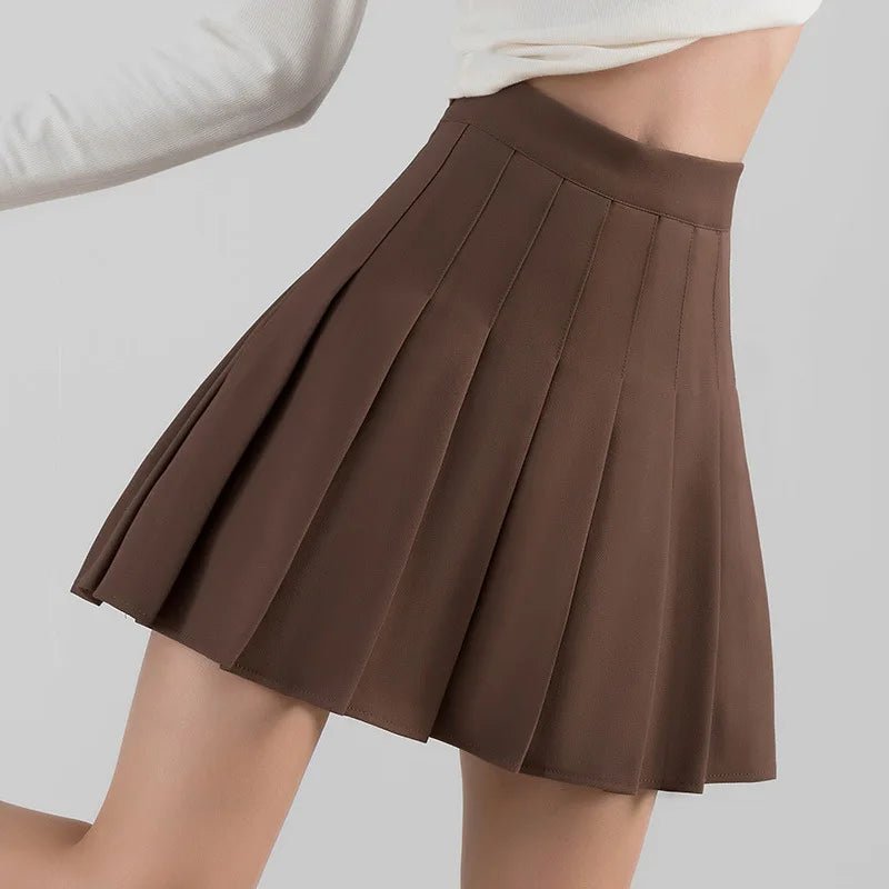 Light Academia Brown Pleated A-line Mini Skirt with Shorts - Cute Little Wish