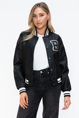 Love Me Now PU Leather Contrast Snap Down Bomber Jacket