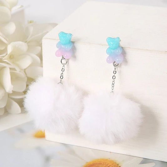 Magical Pastel Bear Drop Earrings with White Poms - Cute Little Wish