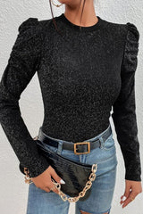 Metallic Round Neck Puff Sleeve Blouse - Cute Little Wish