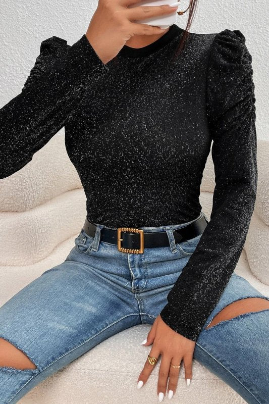 Metallic Round Neck Puff Sleeve Blouse - Cute Little Wish