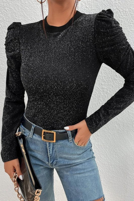 Metallic Round Neck Puff Sleeve Blouse - Cute Little Wish