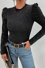 Metallic Round Neck Puff Sleeve Blouse - Cute Little Wish