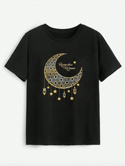 Moon Graphic Round Neck Short Sleeve T-Shirt - Cute Little Wish