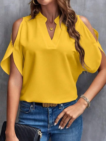Notched Cold Shoulder Half Sleeve Blouse - Cute Little Wish