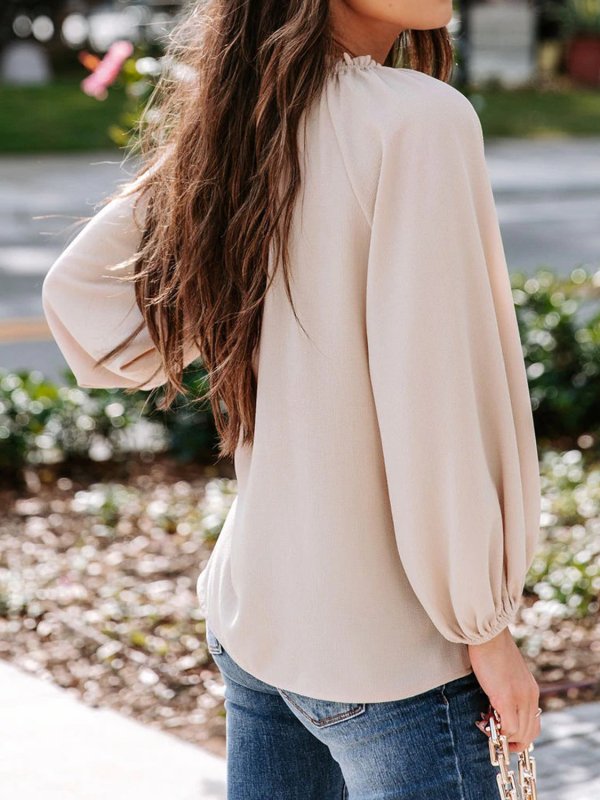 Notched Neck Long Sleeve Blouse - Cute Little Wish