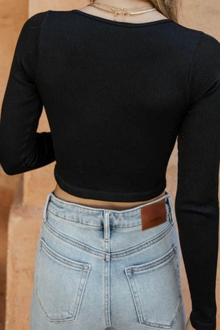 Notched Neck Long Sleeve Cropped Top - Cute Little Wish