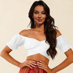 Off-Shoulder Flounce Sleeve Tie Back Top - Cute Little Wish